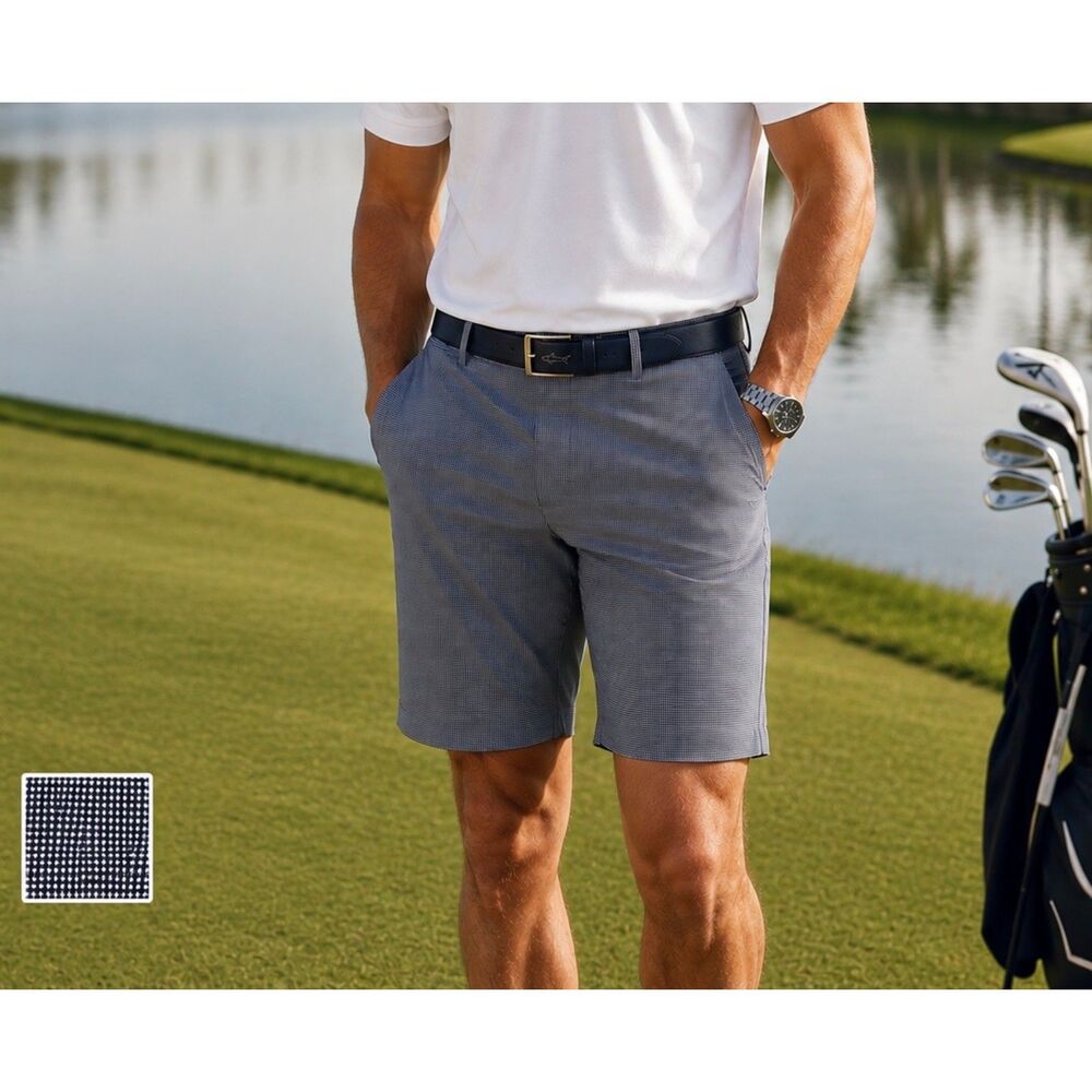 Greg Norman Golf Shorts Mens 40 Navy Blue Micro Plaid Shark Logo Flat Front